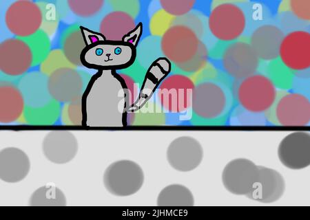 Gray cat on a background of multi-colored circles. Children's drawing. High quality photo Stock Photo
