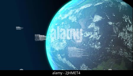 Image of globe and data processing on navy background Stock Photo