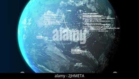 Image of globe and data processing on navy background Stock Photo