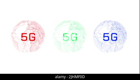 Image of rotating globes and 5g on white background Stock Photo