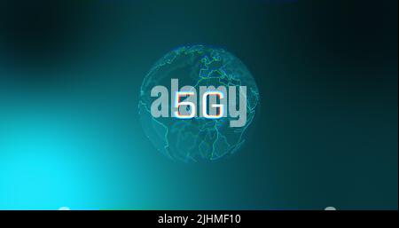 Image of rotating globe and 5g on blue background Stock Photo