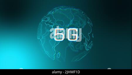 Image of rotating globe and 5g on blue background Stock Photo