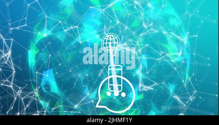 Image of smartphone and connections with tech icons over globe on blue background Stock Photo