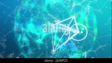 Image of smartphone and connections with tech icons over globe on blue background Stock Photo