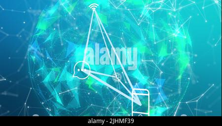 Image of smartphone and connections with tech icons over globe on blue background Stock Photo