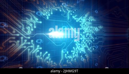 Image of glowing orange human brain over blue processor socket Stock Photo