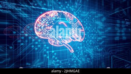 Image of glowing orange human brain over blue processor socket Stock Photo
