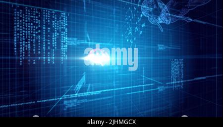 Image of glowing orange human brain over blue processor socket Stock Photo