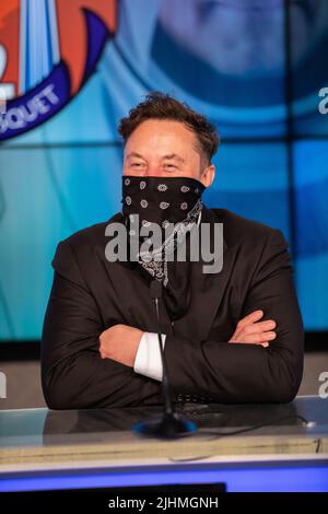 Elon Musk, CEO and lead designer, SpaceX, participates in a post launch news conference for the NASA SpaceX Crew-2 mission at Kennedy Space Center, April 23, 2021, in Cape Canaveral, Florida. The rocket, carrying four astronauts lifted off flawlessly. Stock Photo