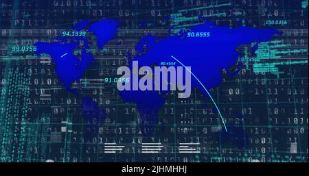 Image of interference over world map and data processing on black background Stock Photo