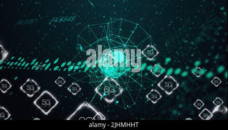 Image of 6g text over globe and data processing Stock Photo