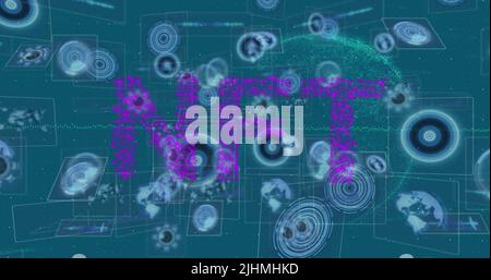 Image of nft text over globe and data processing Stock Photo