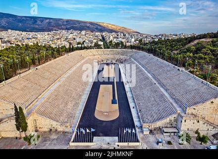 Aerial view of the Panathinaiko or Panathenaic Stadium, where the first Olympic Games of modern times took place in 1896. Athens, Greece. Stock Photo