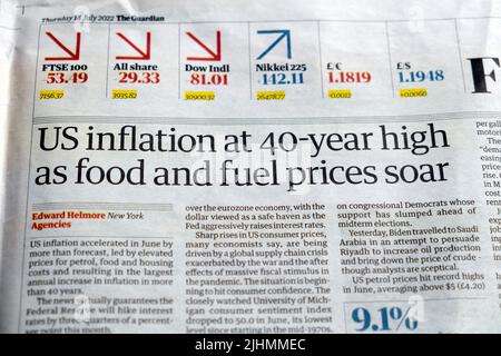 'US inflation at 40 year high as food and fuel prices soar' Guardian newspaper headline financial clipping 14 July 2022 London UK Stock Photo