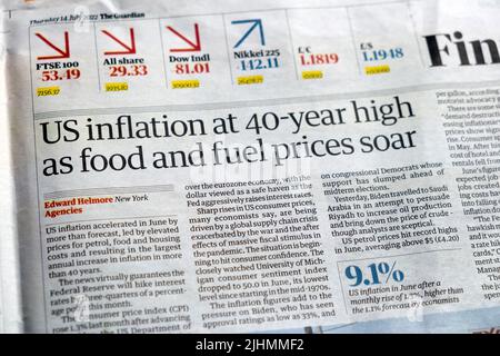 'US inflation at 40 year high as food and fuel prices soar' Guardian newspaper headline financial clipping 14 July 2022 London UK Stock Photo