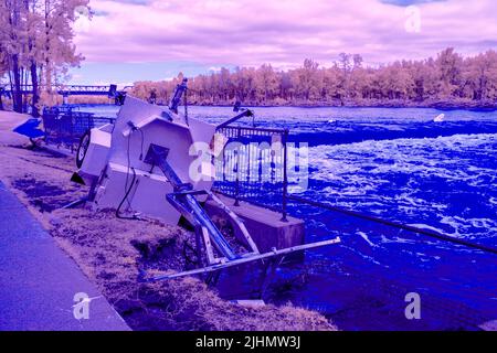 Infrared photograph of flooding at the Penrith Weir in the Nepean River near the Great River Walk and Weir Reserve in Penrith in Australia Stock Photo