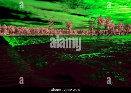 Infrared photograph of flooding at the Penrith Weir in the Nepean River near the Great River Walk and Weir Reserve in Penrith in Australia Stock Photo