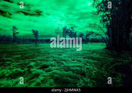 Infrared photograph of flooding in the Nepean River near the Great River Walk and Weir Reserve in Penrith in New South Wales in Australia Stock Photo