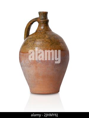 Clay jug. Handmade wine jug isolated on white. Clippig path Stock Photo