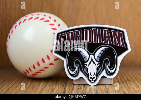 July 19, 2022, Cooperstown, New York. Fordham Rams baseball club emblem and baseball. Stock Photo