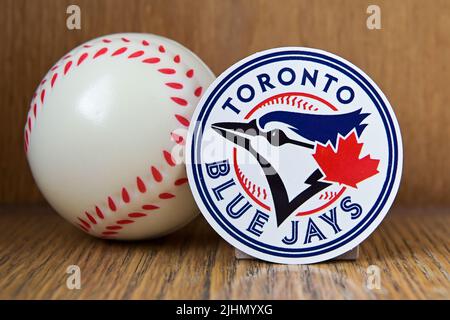 July 19, 2022, Cooperstown, New York. Toronto Blue Jays emblem and baseball. Stock Photo