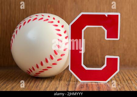 July 19, 2022, Cooperstown, New York. The emblem of the baseball club Cleveland Guardians and baseball. Stock Photo