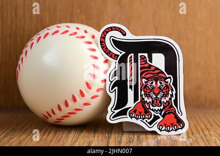 July 19, 2022, Cooperstown, New York. The emblem of the Detroit Tigers baseball club and a baseball. Stock Photo