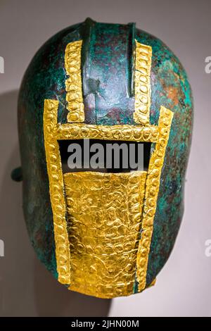 The golden burial masks and armors of ancient Macedonian warriors, are the most impressive exhibits in the Museum of Pella, Macedonia, Greece. Stock Photo