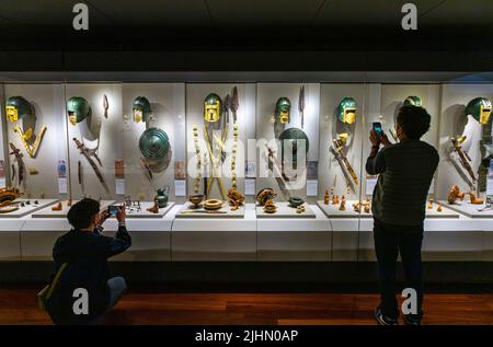 The golden burial masks and armors of ancient Macedonian warriors, are the most impressive exhibits in the Museum of Pella, Macedonia, Greece. Stock Photo