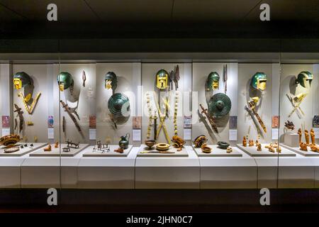 The golden burial masks and armors of ancient Macedonian warriors, are the most impressive exhibits in the Museum of Pella, Macedonia, Greece. Stock Photo