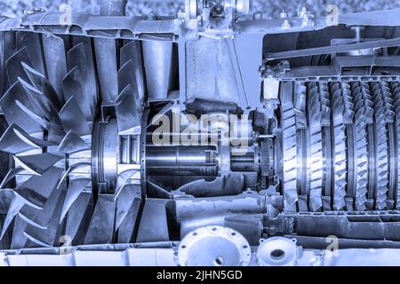 Front view of et engine cross section cutaway detail with a blue tint. Horizontally. Stock Photo