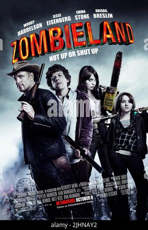 WOODY HARRELSON, JESSE EISENBERG, EMMA STONE, ABIGAIL BRESLIN POSTER, ZOMBIELAND, 2009 Stock Photo