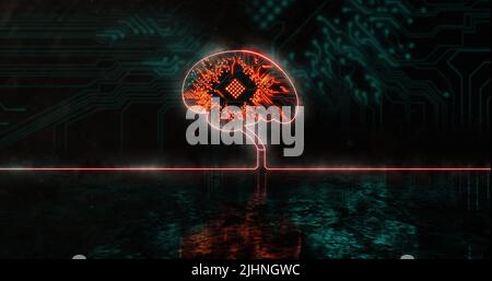 Image of glowing orange human brain over blue processor socket Stock Photo