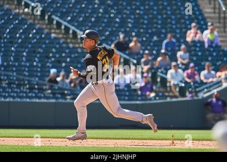 Pittsburgh Pirates' Cal Mitchell, right, celebrates with Bligh