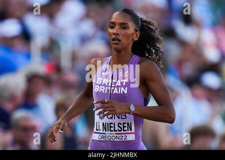 Great Britain's Lina Nielsen during the Women’s 400m Hurdles Heat 4 on day five of the World Athletics Championships at Hayward Field, University of Oregon in the United States. Picture date: Tuesday July 19, 2022. Stock Photo