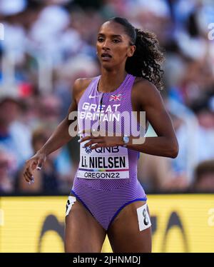 Great Britain's Lina Nielsen during the Women’s 400m Hurdles Heat 4 on day five of the World Athletics Championships at Hayward Field, University of Oregon in the United States. Picture date: Tuesday July 19, 2022. Stock Photo