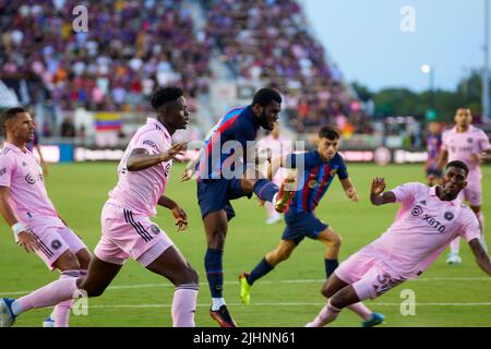 Fort Lauderdale, FL, USA. 19th July 2022. 22 22 Oscar Mingueza – Defender FC Barcelona in attack during international friendly soccer match between Inter Miami CF and FC Barcelona at DRV Pink Stadium in Florida, USA. Credit: Yaroslav Sabitov/YES Market Media/Alamy Live News Stock Photo