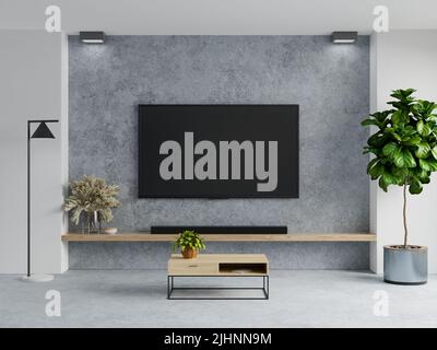 Concrete wall mounted tv in living room interior on concrete background.3d rendering Stock Photo