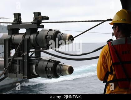 Mariners aboard the fleet replenishment oiler USNS Laramie during a ...