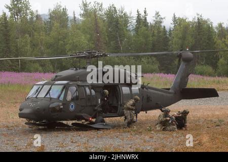 Special Agents from the Anchorage FBI Special Weapons and Tactics (SWAT) Team exit an Alaska Army National Guard UH-60L Black Hawk at Joint Base Elmendorf-Richardson, Alaska, July 13, 2022. JBER’s expansive and austere training areas provided an ideal setting for local law enforcement SWAT Teams as they honed their rural operations skills, task planning, reconnaissance, helicopter safety procedures, land navigation, team movement and patrolling. (U.S. Air Force photo by Alejandro Peña) Stock Photo