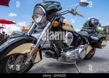 Classic Indian Motorcycle on the Town Square in Blairsville, a scenic community in the North Georgia Mountains. (USA) Stock Photo