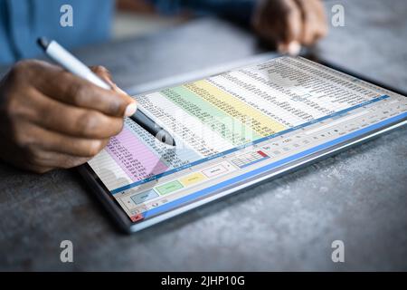 Spreadsheet On Computer Screen. Analyst Employee Working Stock Photo