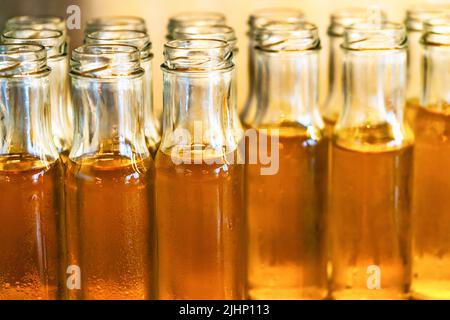 Close up small bottle glass of fresh Chrysanthemum tea, group of cold Chrysanthemum tea in cleared bottles, water drops on bottles, warm light. Stock Photo