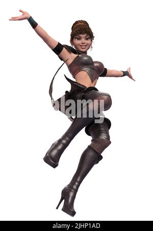 Fantasy cartoon girl wears corsair, warrior outfit, 3D Illustration. Stock Photo