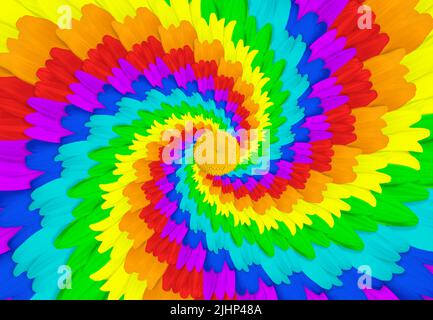 Abstract spiral pattern background made from rainbow colored daisies. Stock Photo