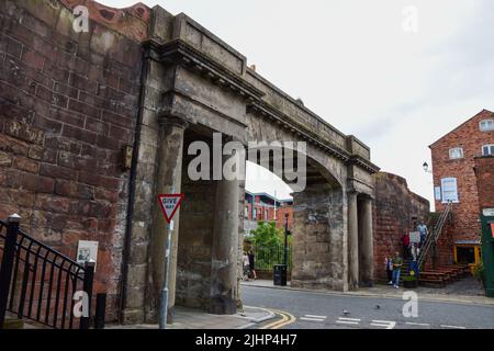 Chester, UK: Jul 3, 2022: The Northgate carries the footpath along the Roman City Walls of Chester. It is Grade 1 listed and was built  in 1810 to rep Stock Photo