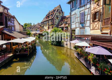 So-called Little Venice (Petite; Venise) by Lauch river in Colmar. Colorful traditional Alsatian houses in the historic town of Colmar, Alsace, France Stock Photo