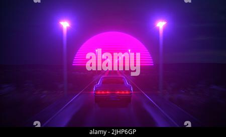 Neon gas retro car. Vintage cyberpunk auto. Fog rain and night. Color vibrant reflections on asphalt. 3D illustration. Stock Photo