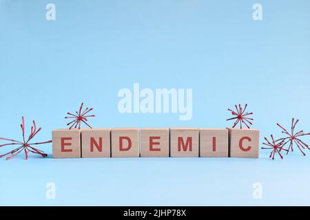 Endemic coronavirus concept. Wooden blocks with word endemic with virus model. Stock Photo