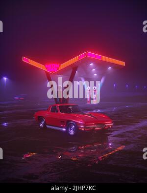 Neon gas station and retro car. Vintage cyberpunk auto. Fog rain and night. Color vibrant reflections on asphalt. 3D illustration. Stock Photo